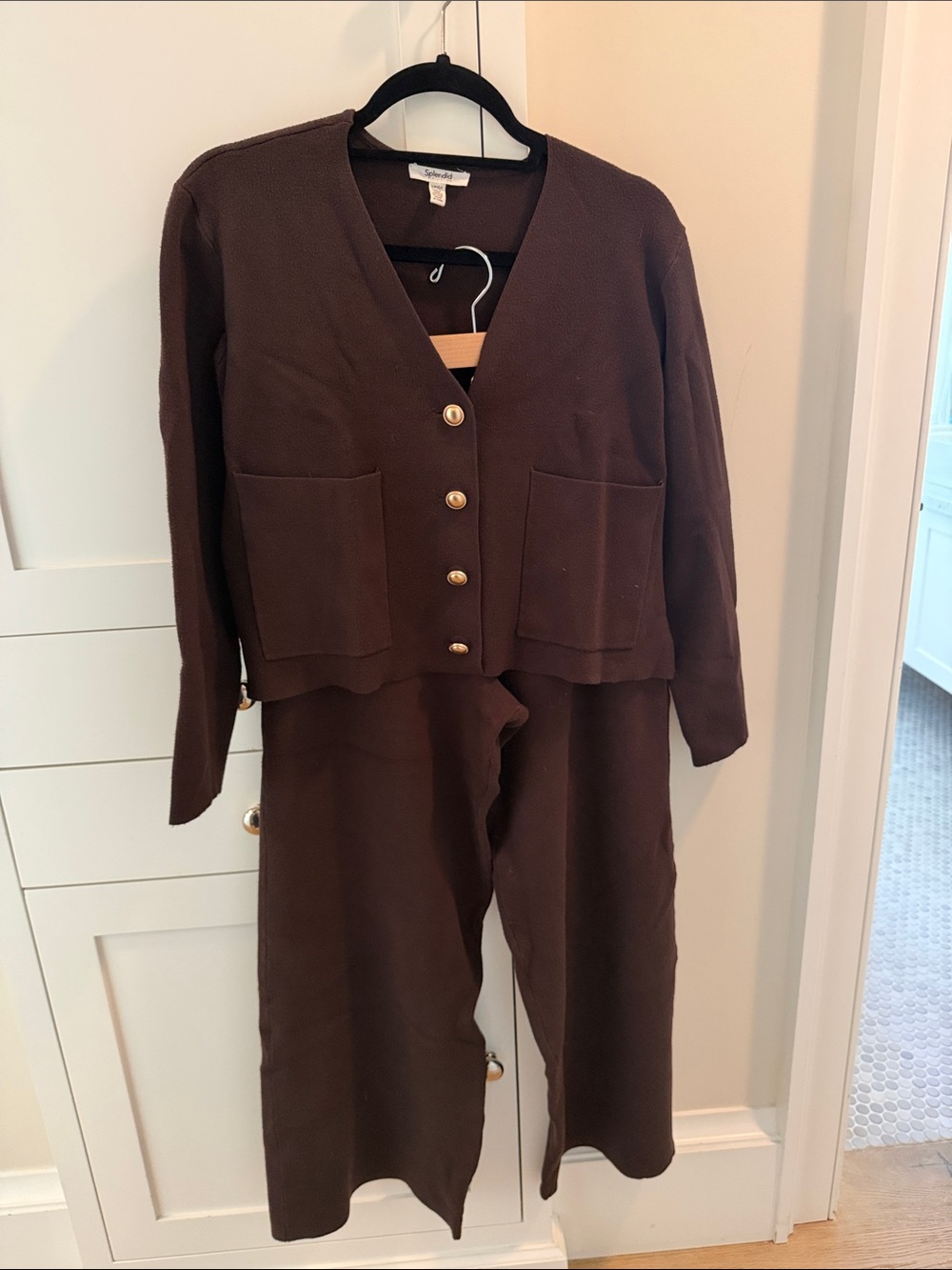 Splendid Chocolate Brown Knit Wide-Leg Pants & Button Cardigan Set